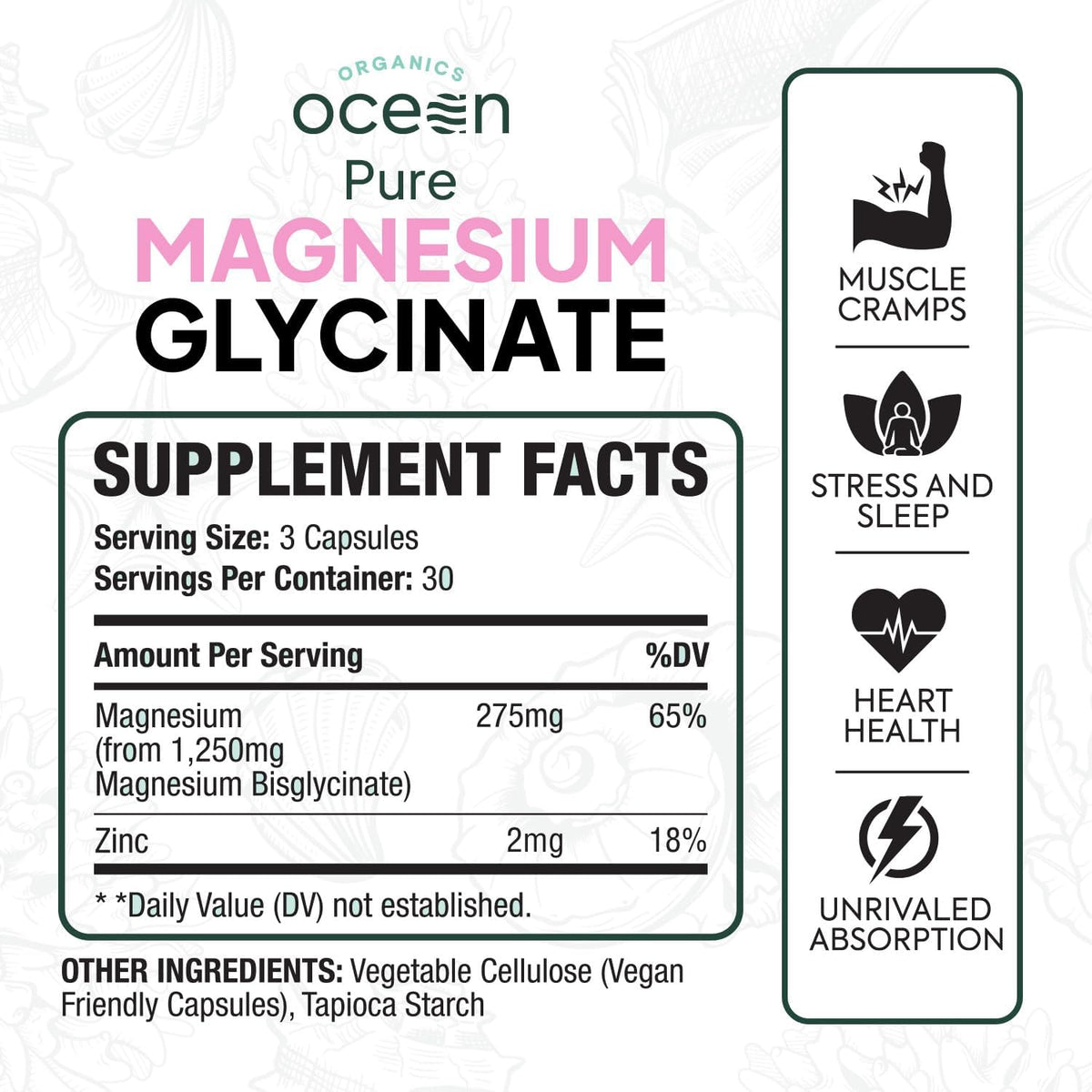Organics Ocean Pure Magnesium Glycinate Low Dose Zinc Chelated 90 Capsules NEW (PACK OF THREE)
