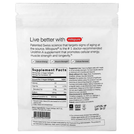 Timeline Mitopure Urolithin A Supplement, 60 Softgels